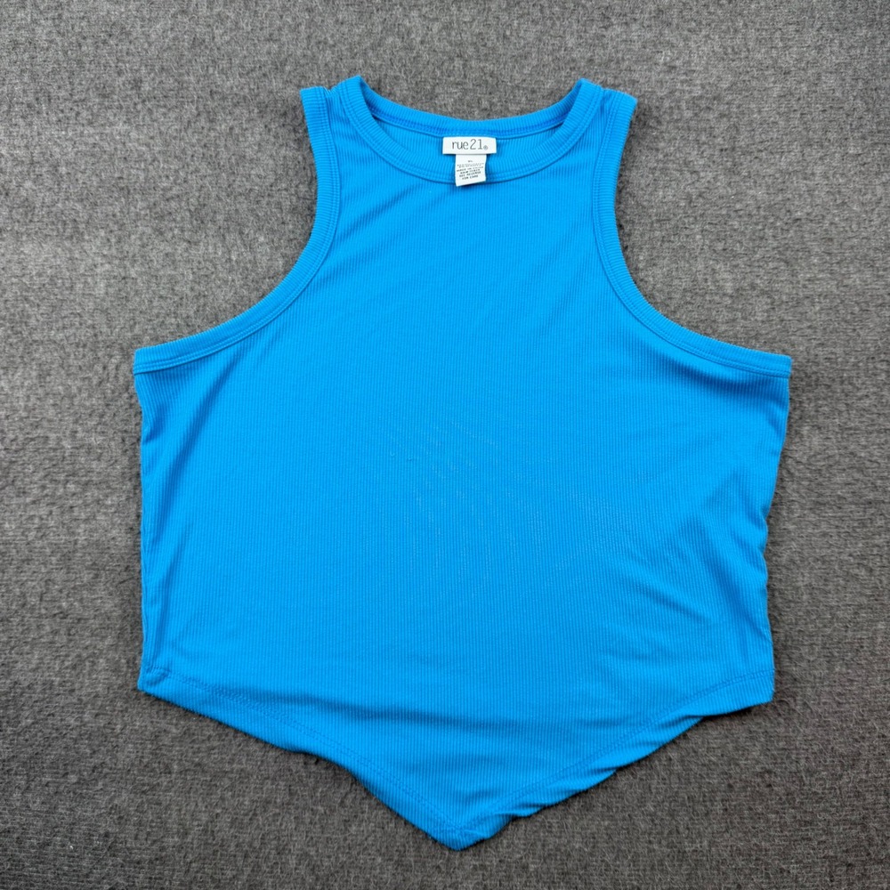 rue21 Tank Top‎ Women's XL Blue Ribbed Handkerchief Hem High Neck Sleeveless